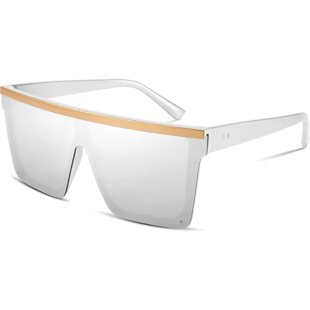 imageFEISEDY Oversized Sunglasses Mens Womens Flat Top Square Trendy Visor Shades UV400 B2470White Mirrored Lenses