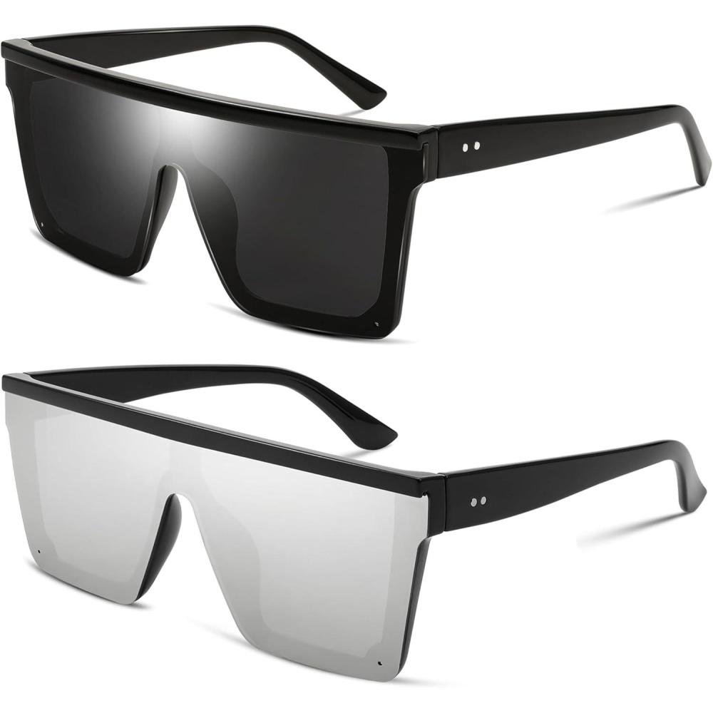 imageFEISEDY Oversized Sunglasses Mens Womens Flat Top Square Trendy Visor Shades UV400 B2470Z2pack Blacksilver Mirrored
