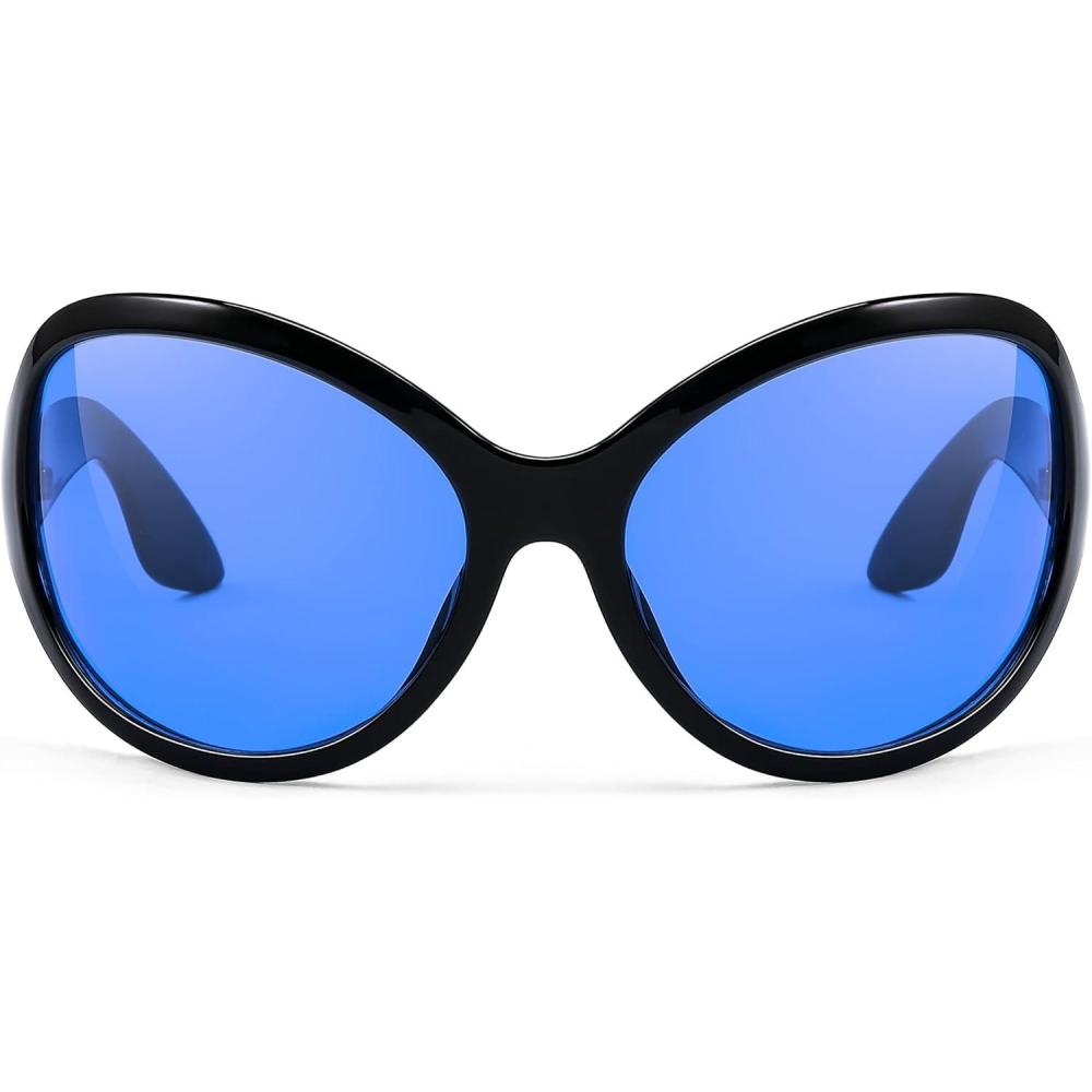 imageFEISEDY Oversized Trendy Sunglasses Classic Oval Wrap Around Stylish Big Frame Shade Women Glasses B2391Black Frame Blue Lens
