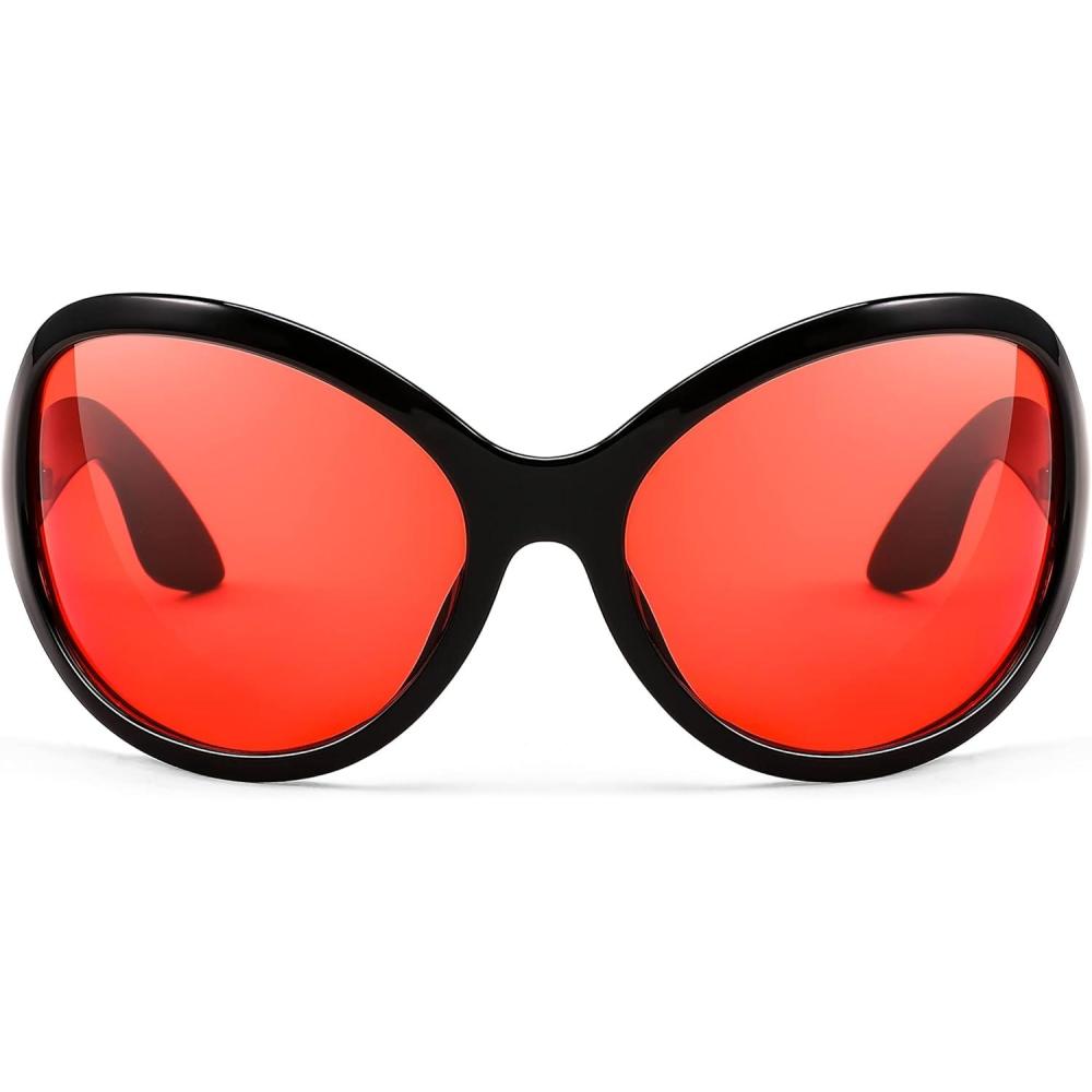 imageFEISEDY Oversized Trendy Sunglasses Classic Oval Wrap Around Stylish Big Frame Shade Women Glasses B2391Black Frame Red Lens
