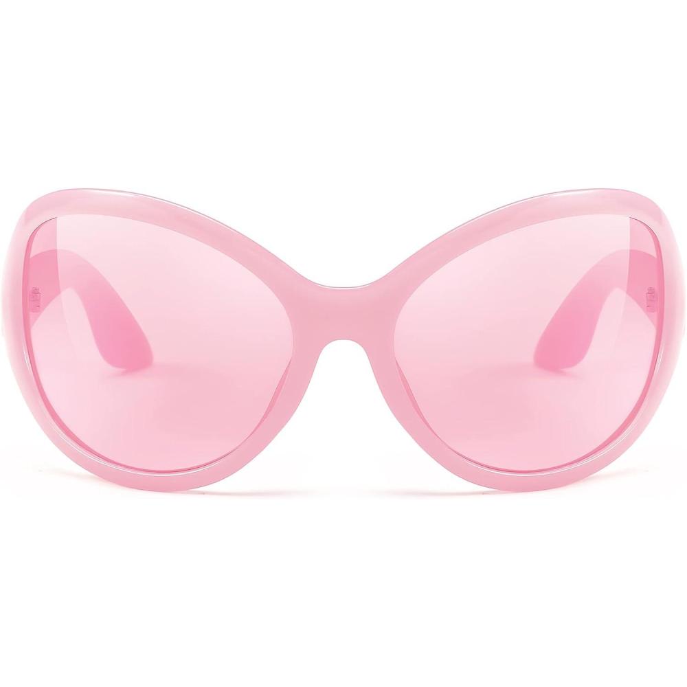 imageFEISEDY Oversized Trendy Sunglasses Classic Oval Wrap Around Stylish Big Frame Shade Women Glasses B2391Pink Frame Pink Lens