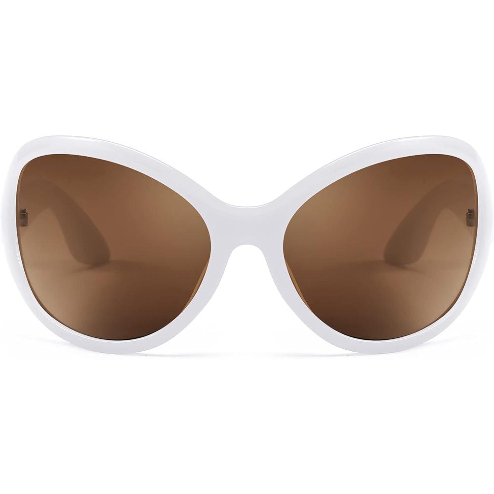 imageFEISEDY Oversized Trendy Sunglasses Classic Oval Wrap Around Stylish Big Frame Shade Women Glasses B2391White Frame Brown Lens
