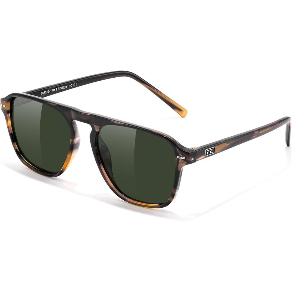 imageFEISEDY Polarized Aviator Mens Sunglasses Square Modern Women Vintage Style Acetate Frame UV400 B0191007 Tortoise Frame  Dark Green