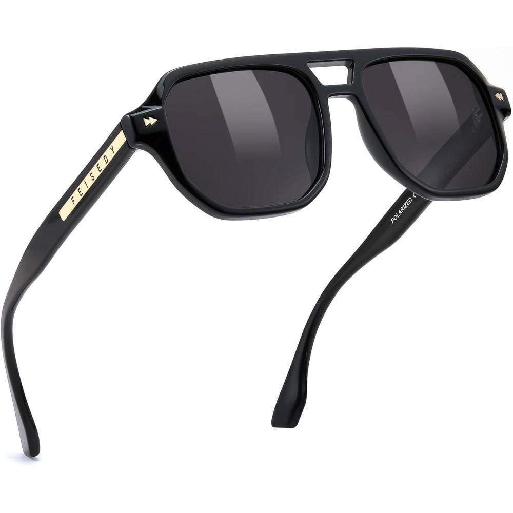 imageFEISEDY Polarized Aviator Sunglasses Men Women Retro 70s Style Design  UV400 Protection Driving ampamp Daily Wear B0203004 Black Frame  Grey