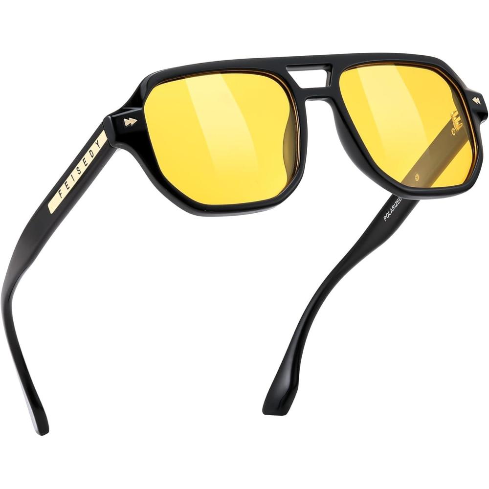 imageFEISEDY Polarized Aviator Sunglasses Men Women Retro 70s Style Design UV400 Protection Driving ampamp Daily Wear B0203Black Frame Yellow