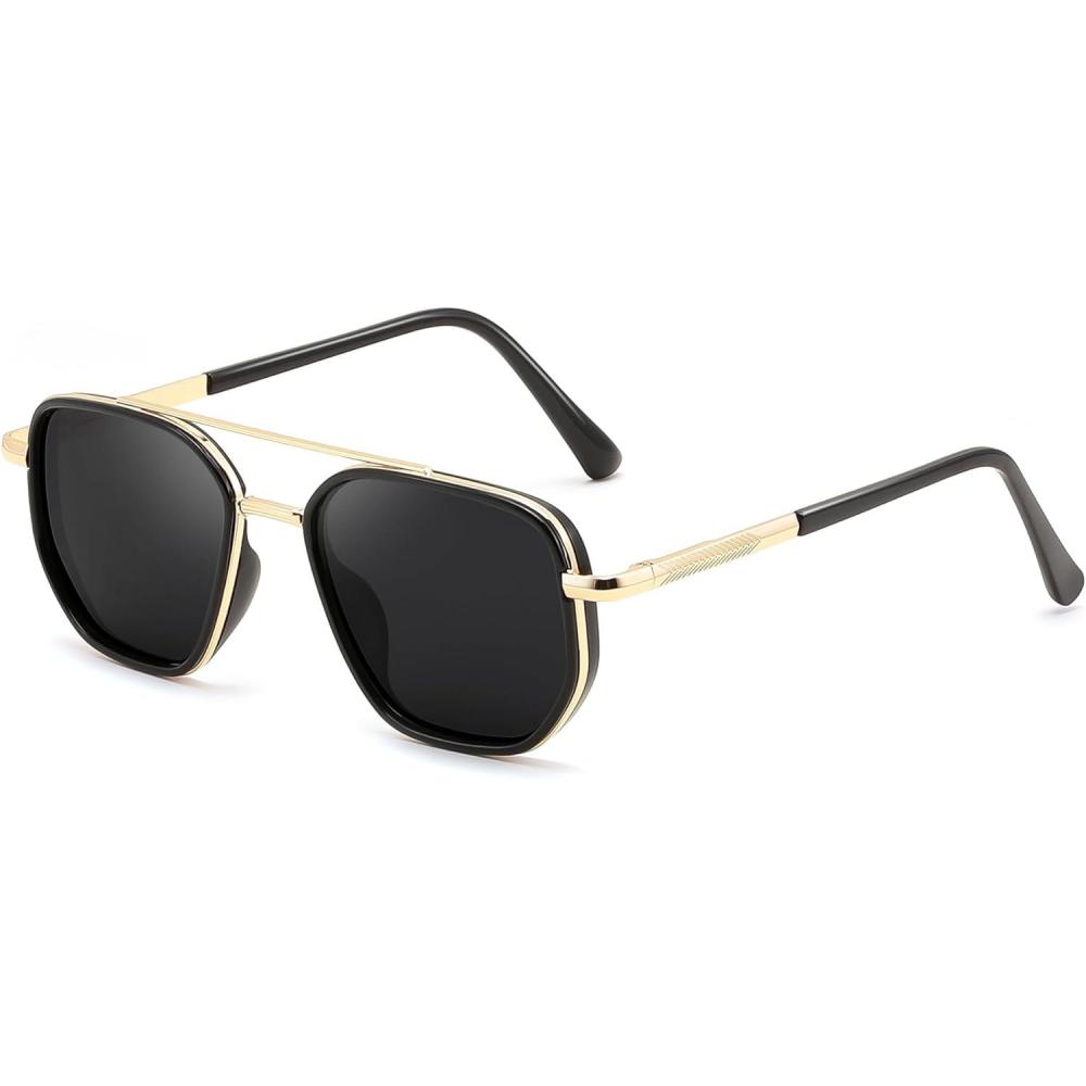 imageFEISEDY Polarized Aviator Sunglasses for Men Square Retro Metal Frame UV 400 Protection TAC Lens B0329Golden BlackGrey