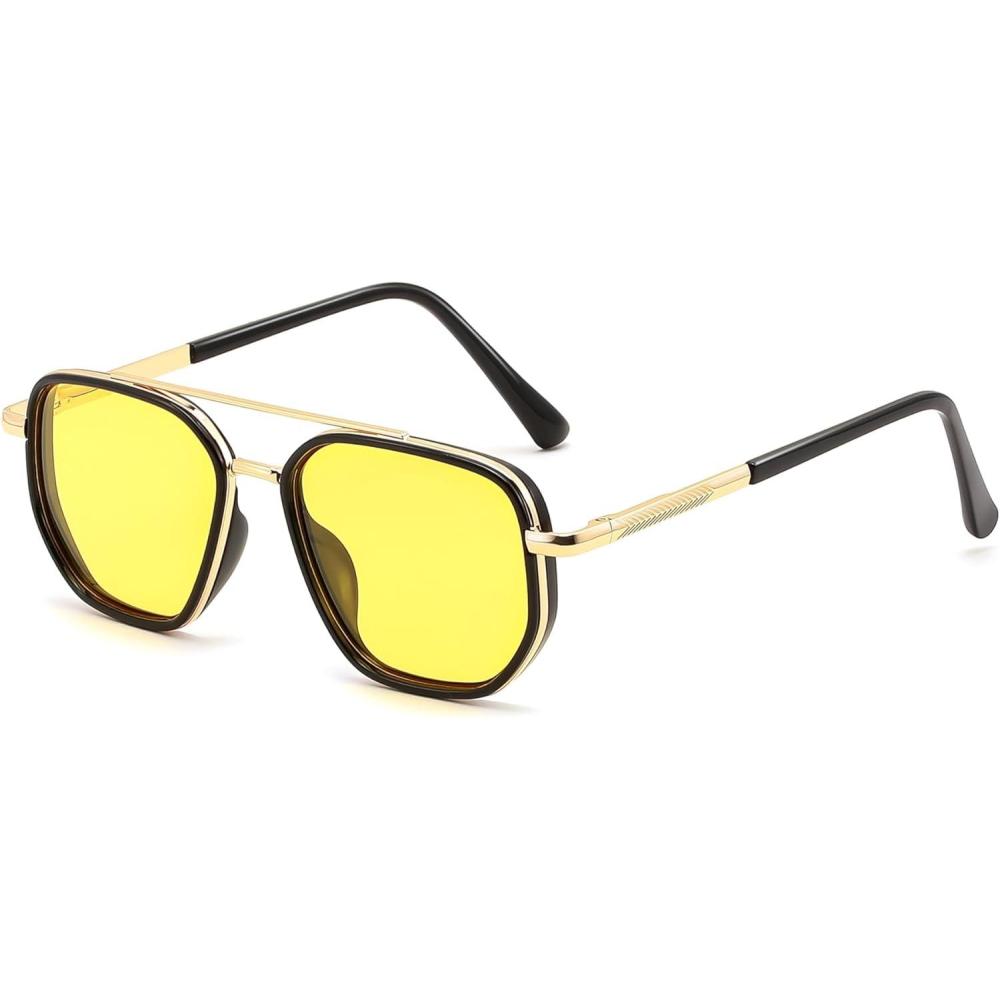 imageFEISEDY Polarized Aviator Sunglasses for Men Square Retro Metal Frame UV 400 Protection TAC Lens B0329Golden BlackNight Vision Yellow Lenses