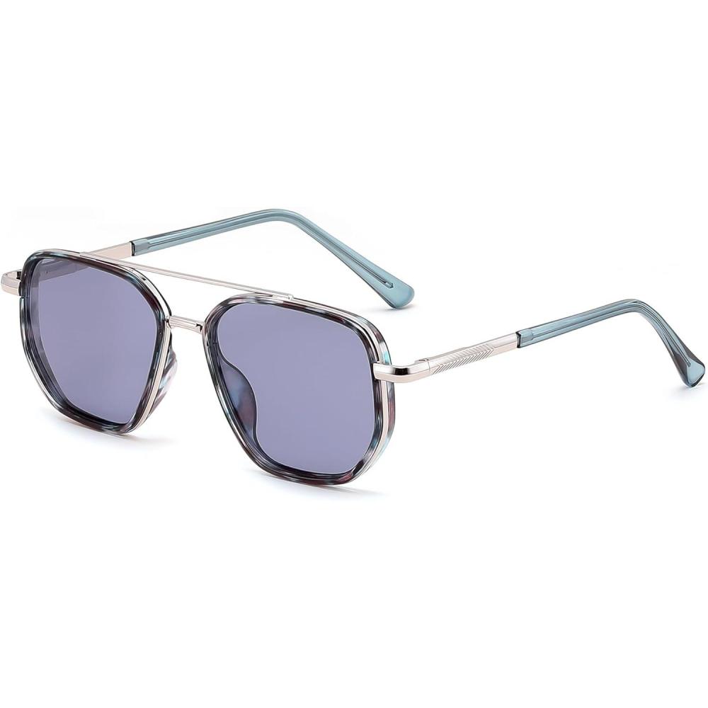 imageFEISEDY Polarized Aviator Sunglasses for Men Square Retro Metal Frame UV 400 Protection TAC Lens B0329Sliver BlueBlue