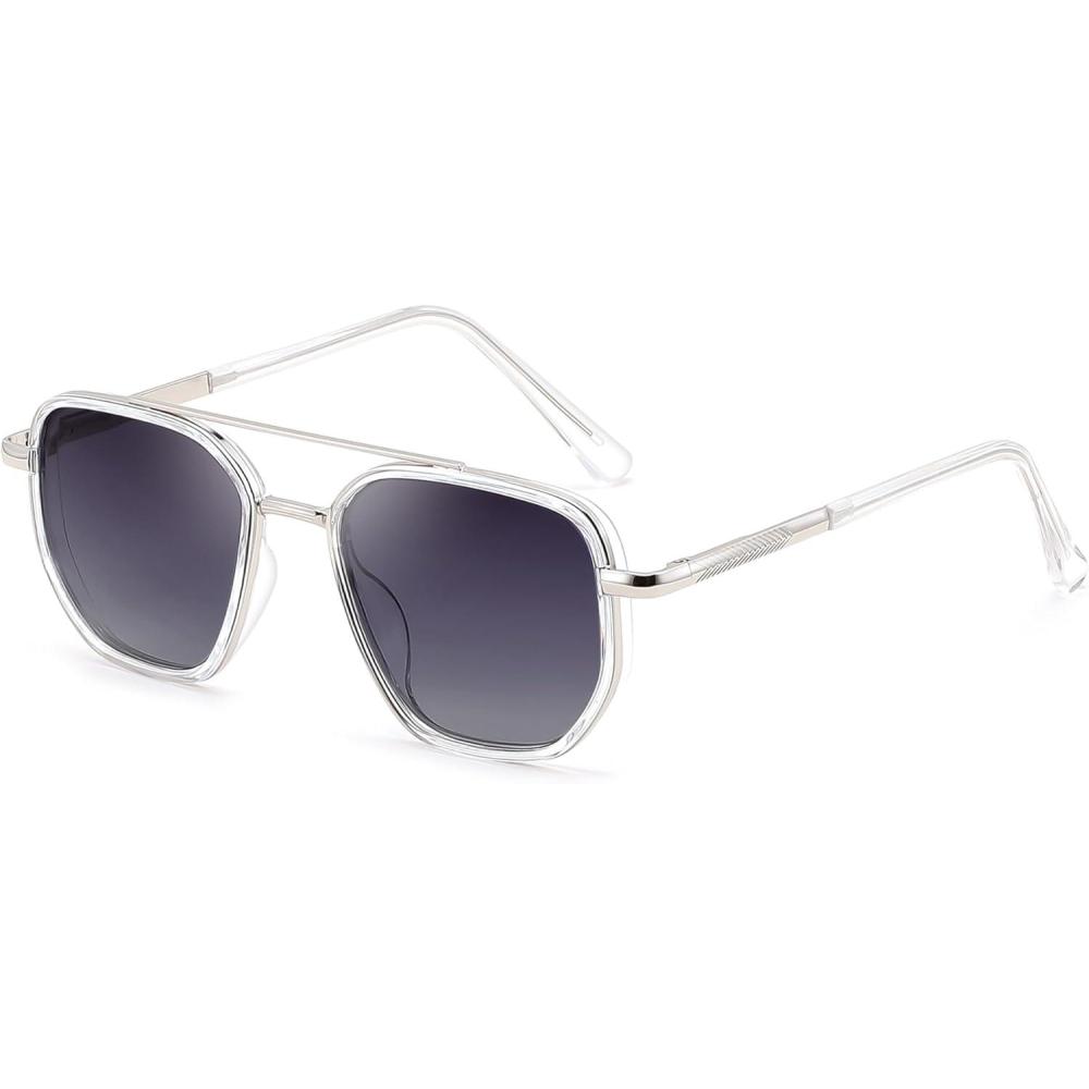 imageFEISEDY Polarized Aviator Sunglasses for Men Square Retro Metal Frame UV 400 Protection TAC Lens B0329SliverGradient Grey