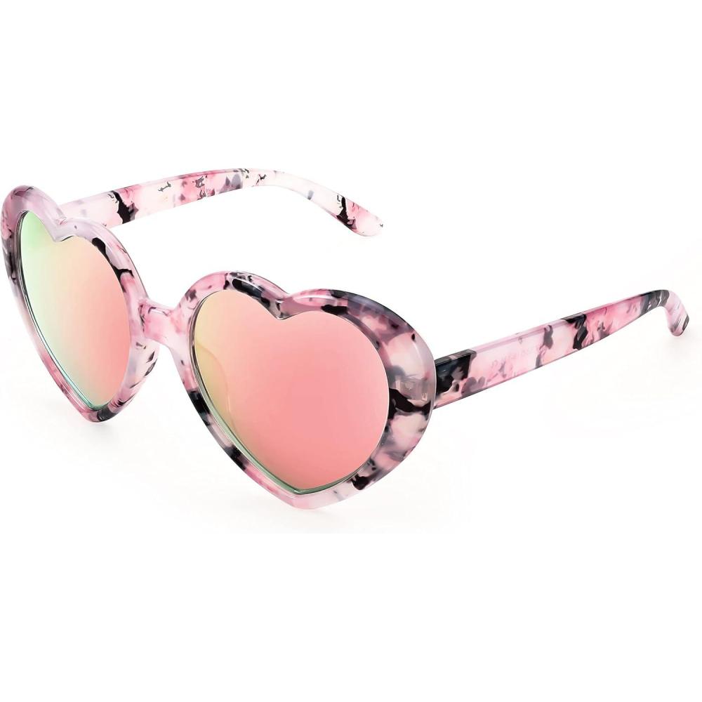 imageFEISEDY Polarized Heart Shaped Sunglasses Oversized Vintage Fashion Love Eyeglasses for Women UV400 B2337Floral Frame Mirror Pink Lens