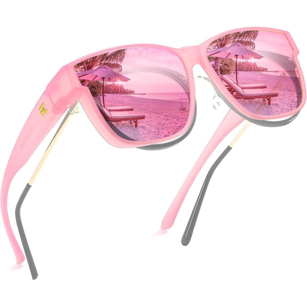 imageFEISEDY Polarized Sunglasses Fit Over Glasses Women Fit over Glasses Sunglasses for Driving UV400 Protection B0250Matte Pink Frame Pink Lens