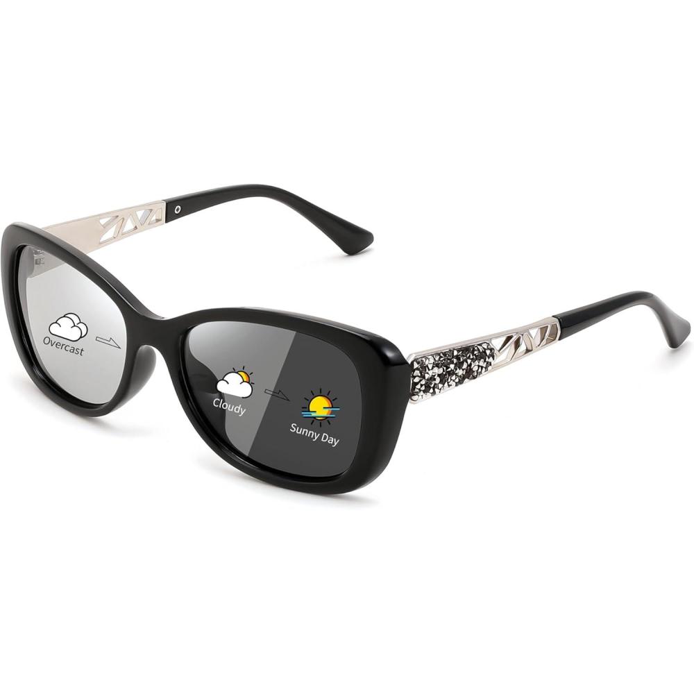 imageFEISEDY Polarized Women Sunglasses Retro Shades Photochromic Lens Sparkling Crystal Sunglasses UV400 Protection B0144Apolarized Photochromic Black