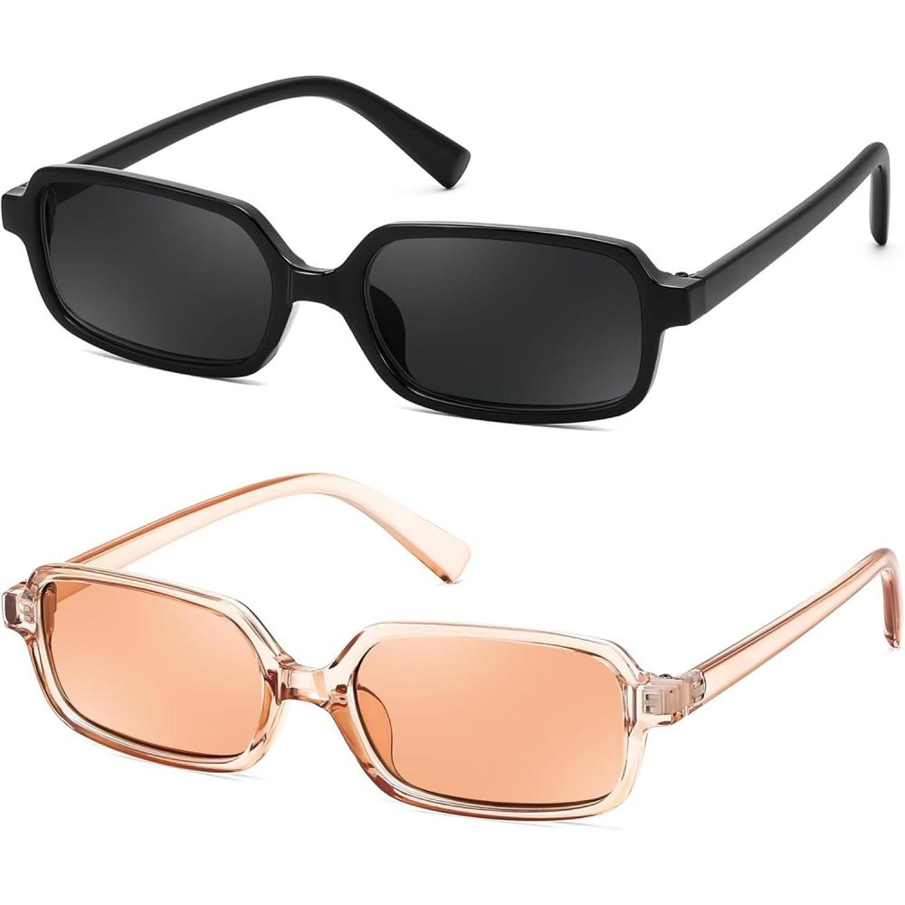 imageFEISEDY Rectangle Sunglasses for Women Men Womens 90s Sunglasses Small Narrow Frame Trendy Vintage Style Shades B91672packblackchampagne