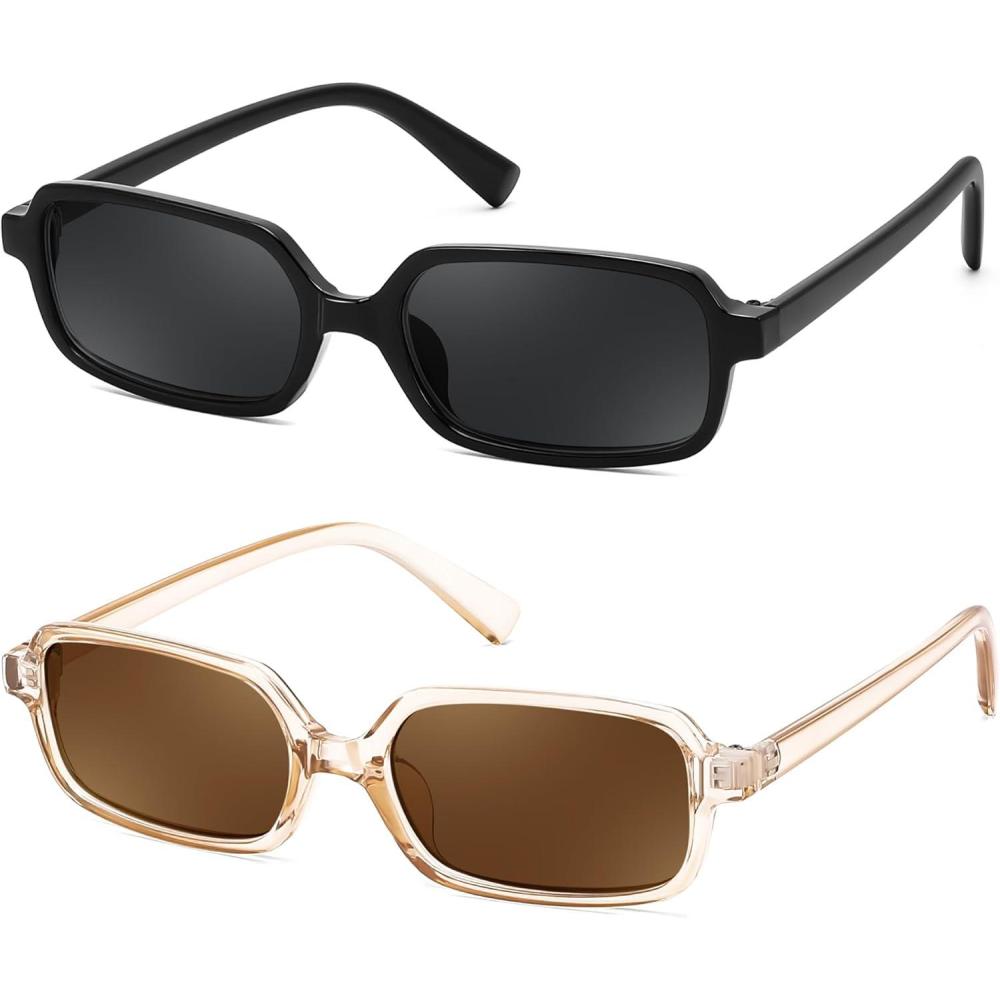 imageFEISEDY Rectangle Sunglasses for Women Men Womens 90s Sunglasses Small Narrow Frame Trendy Vintage Style Shades B91672packblackchampagneBrown