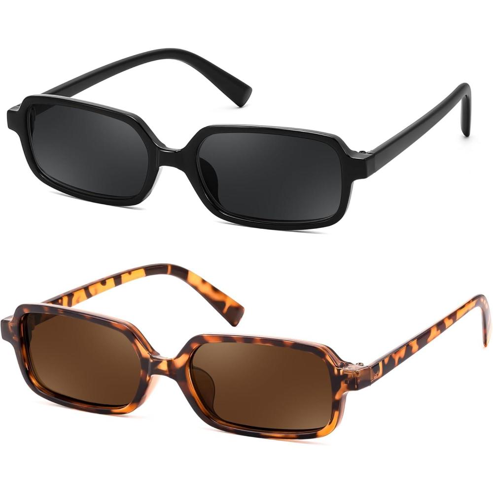 imageFEISEDY Rectangle Sunglasses for Women Men Womens 90s Sunglasses Small Narrow Frame Trendy Vintage Style Shades B91672packblackleopardBrown
