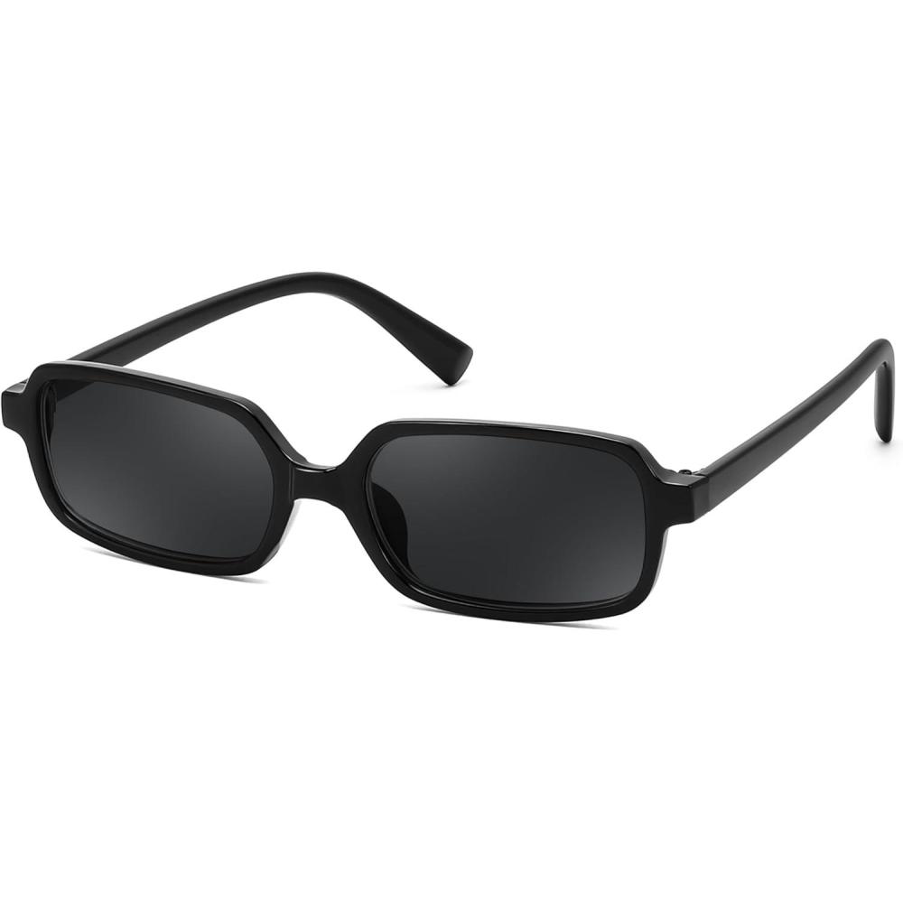 imageFEISEDY Rectangle Sunglasses for Women Men Womens 90s Sunglasses Small Narrow Frame Trendy Vintage Style Shades B9167Black Frame Black Lens