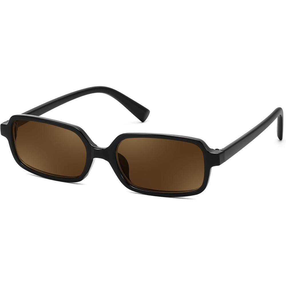imageFEISEDY Rectangle Sunglasses for Women Men Womens 90s Sunglasses Small Narrow Frame Trendy Vintage Style Shades B9167Black Frame Brown Lens