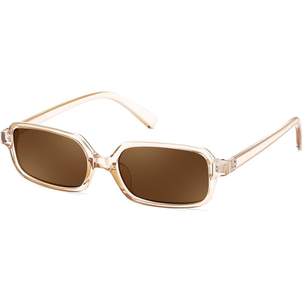 imageFEISEDY Rectangle Sunglasses for Women Men Womens 90s Sunglasses Small Narrow Frame Trendy Vintage Style Shades B9167Champagne Frame Brown Lens
