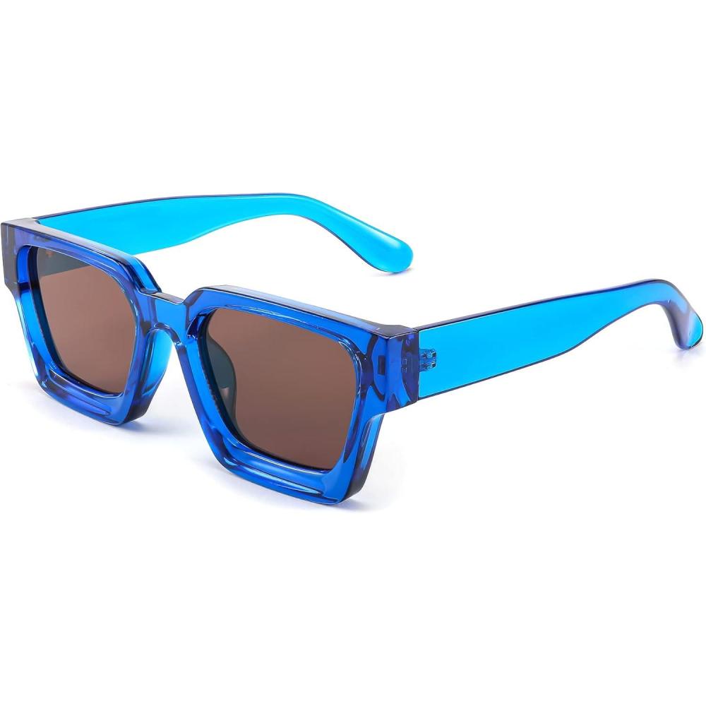 imageFEISEDY Retro 90s Square Sunglasses for Women Men Trendy Chunky Rectangle Sunglasses UV400 Protection B2385002 Transparent Blue Tea Lens
