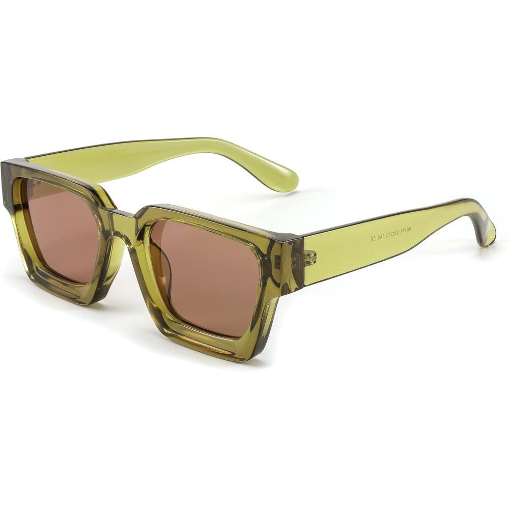 imageFEISEDY Retro 90s Square Sunglasses for Women Men Trendy Chunky Rectangle Sunglasses UV400 Protection B2385003 Transparent Green  Tea Lens