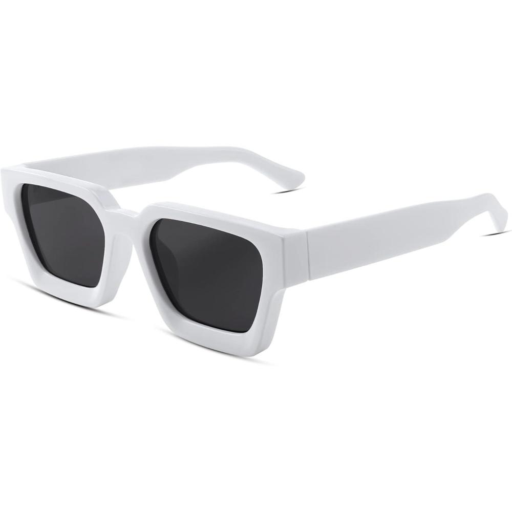 imageFEISEDY Retro 90s Square Sunglasses for Women Men Trendy Chunky Rectangle Sunglasses UV400 Protection B2385006 White Grey Lens