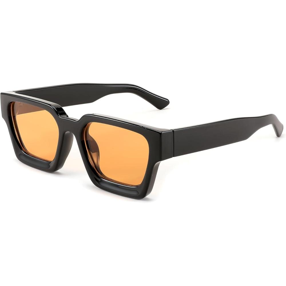imageFEISEDY Retro 90s Square Sunglasses for Women Men Trendy Chunky Rectangle Sunglasses UV400 Protection B2385013 Black  Yellow Lens