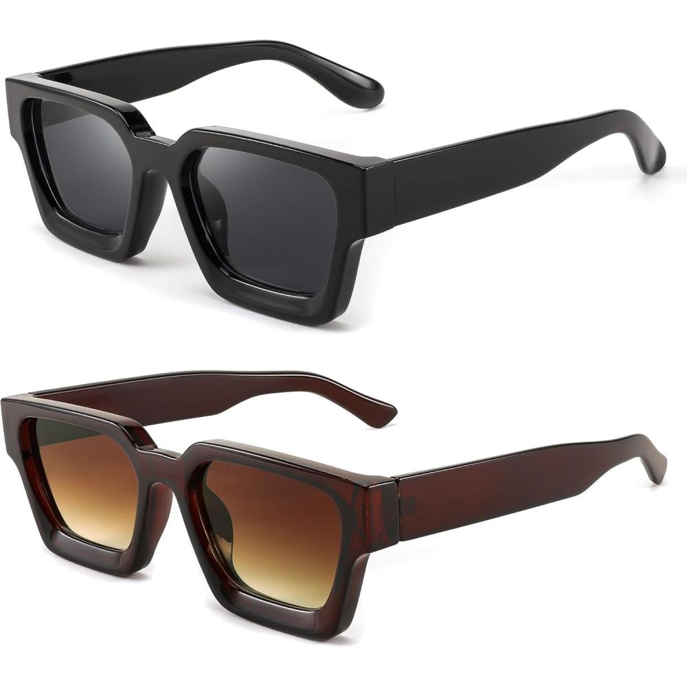 imageFEISEDY Retro 90s Square Sunglasses for Women Men Trendy Chunky Rectangle Sunglasses UV400 Protection B23852pcs Balck Brown Gradient Tea