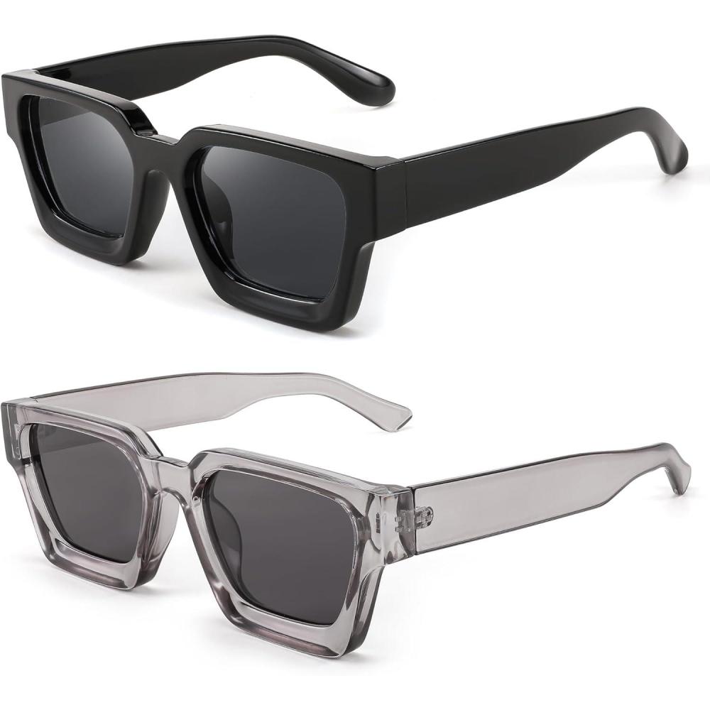 imageFEISEDY Retro 90s Square Sunglasses for Women Men Trendy Chunky Rectangle Sunglasses UV400 Protection B23852pcs  Balck  Transparent Grey  Grey