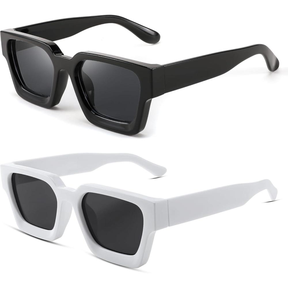 imageFEISEDY Retro 90s Square Sunglasses for Women Men Trendy Chunky Rectangle Sunglasses UV400 Protection B23852pcs Balck White Grey