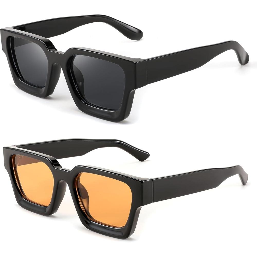 imageFEISEDY Retro 90s Square Sunglasses for Women Men Trendy Chunky Rectangle Sunglasses UV400 Protection B23852pcs Balck Yellow