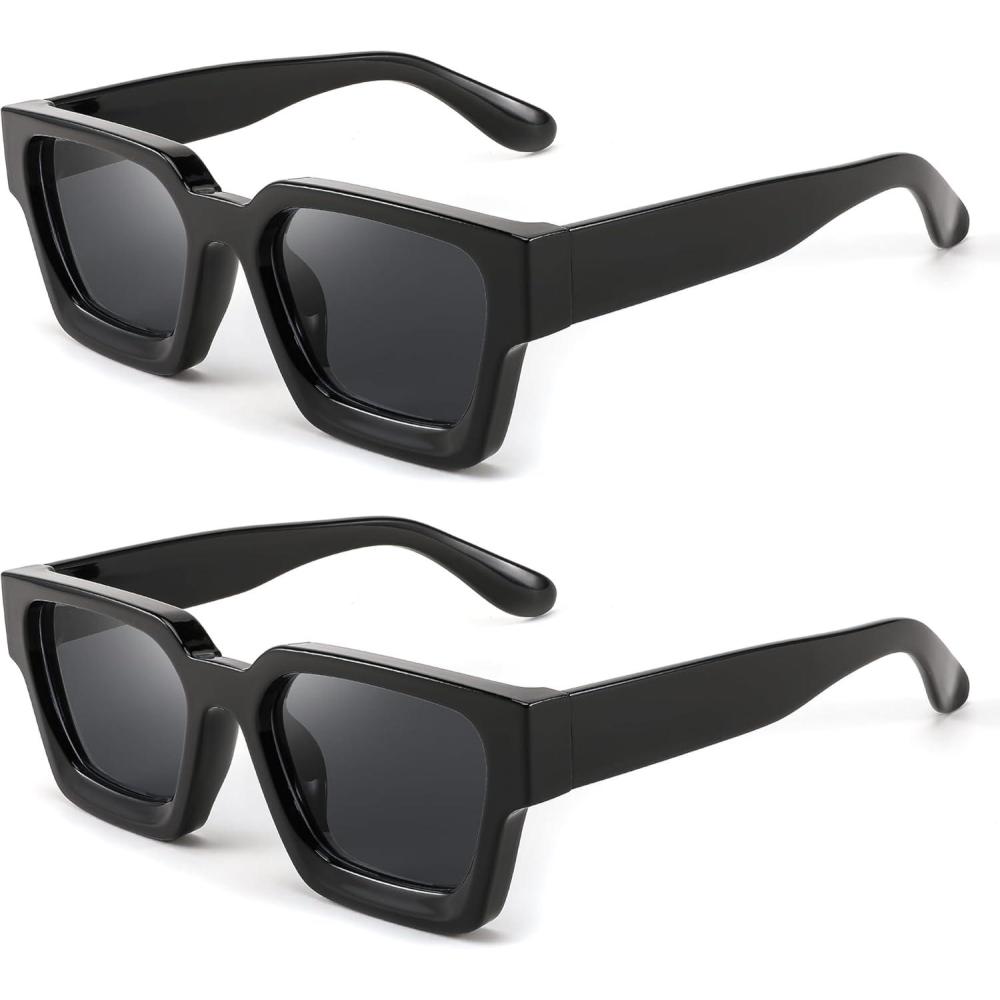 imageFEISEDY Retro 90s Square Sunglasses for Women Men Trendy Chunky Rectangle Sunglasses UV400 Protection B23852pcs Black Black