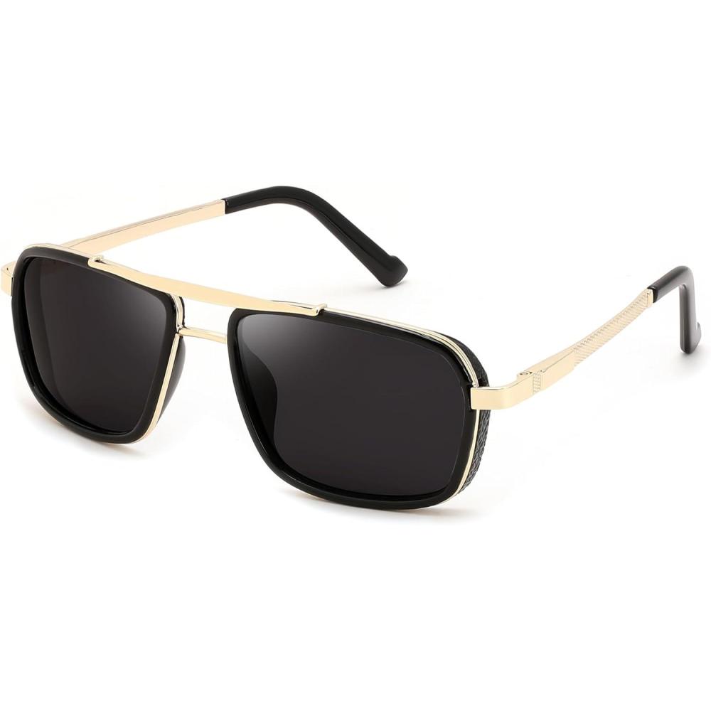 imageFEISEDY Retro Aviator Sunglasses For Women Men 70s Trendy Rectangle Polarized Sunglasses Steampunk B0292BlackGold