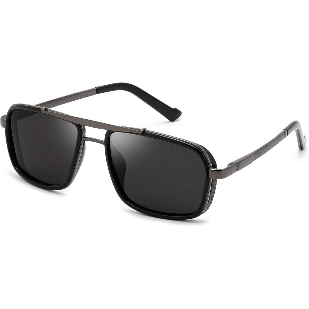 imageFEISEDY Retro Aviator Sunglasses For Women Men 70s Trendy Rectangle Polarized Sunglasses Steampunk B0292BlackGrey