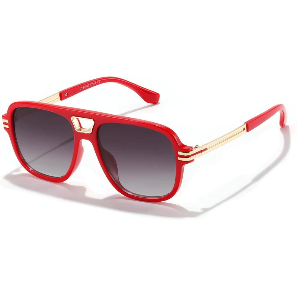 imageFEISEDY Retro Aviator Sunglasses for Women Men Vintage Trendy Oversized Square Shades UV400 B0106Red Frame  Gradual Grey Lens