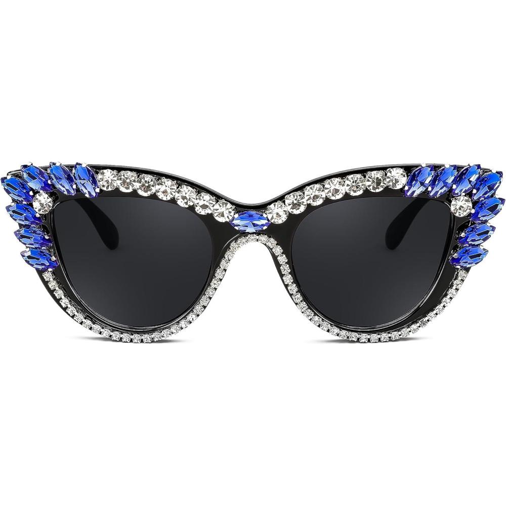 imageFEISEDY Retro Cat Eye Women Sunglasses Crystal Rhinestone Sparkling Bejewelled Vintage Sunnies B4075Blue