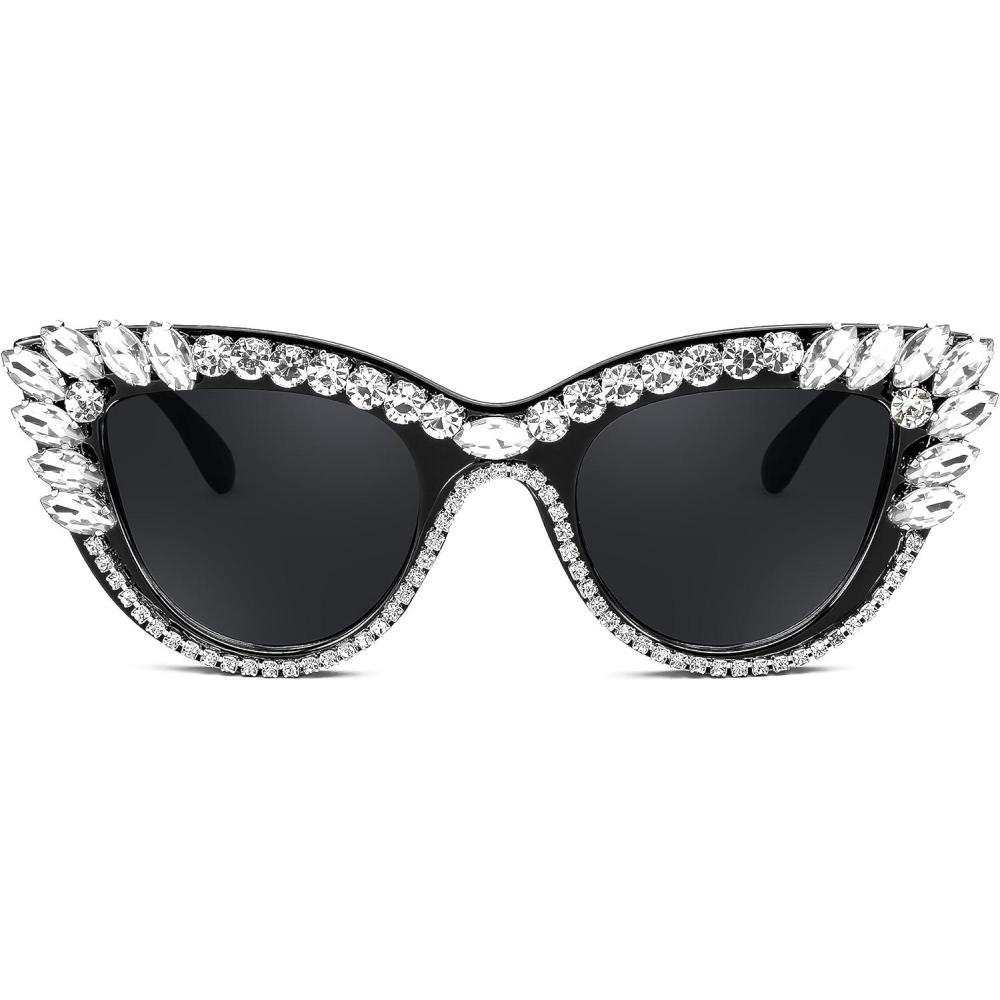 imageFEISEDY Retro Cat Eye Women Sunglasses Crystal Rhinestone Sparkling Bejewelled Vintage Sunnies B4075Clear White
