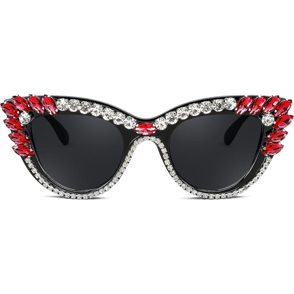 imageFEISEDY Retro Cat Eye Women Sunglasses Crystal Rhinestone Sparkling Bejewelled Vintage Sunnies B4075Red