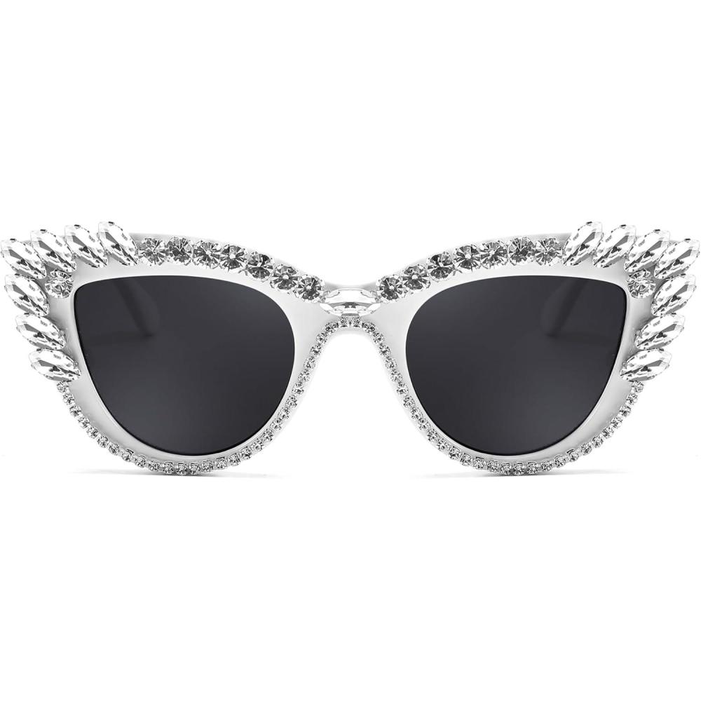 imageFEISEDY Retro Cat Eye Women Sunglasses Crystal Rhinestone Sparkling Bejewelled Vintage Sunnies B4075White