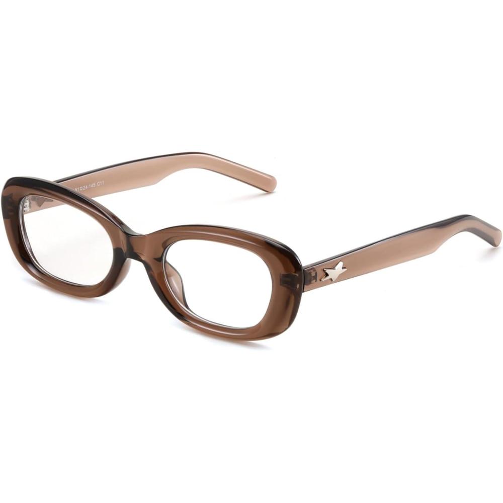 imageFEISEDY Retro Oval Blue Light Blocking Glasses for Women Nerd Fake Glasses Y2k Small Eyewear Frame B0229Transparent Brown