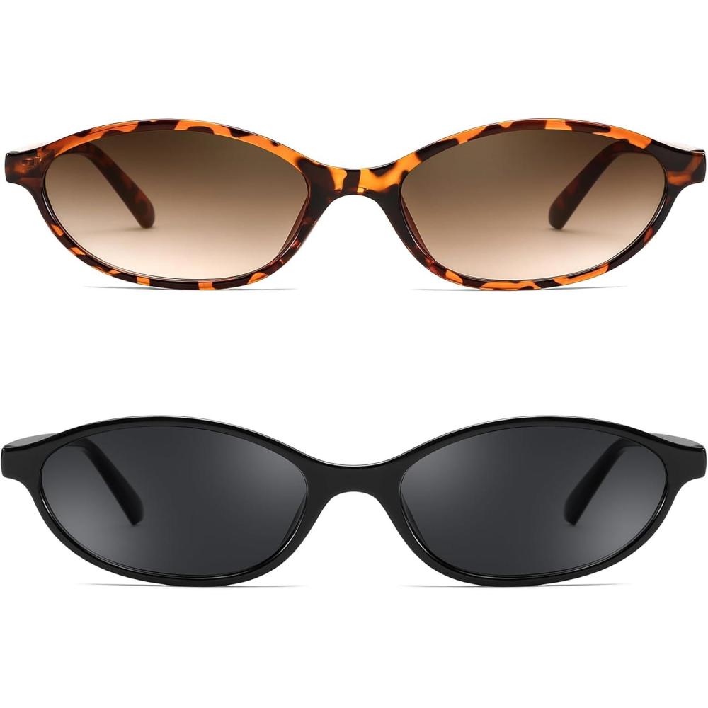 imageFEISEDY Retro Oval Cat Eye Sunglasses for Women 90s Narrow Lightweight Shades Y2k Trendy Sunnies B02572 Pack Blacktortoise