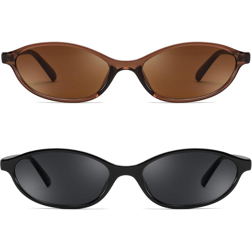 imageFEISEDY Retro Oval Cat Eye Sunglasses for Women 90s Narrow Lightweight Shades Y2k Trendy Sunnies B02572 Pack Brownblack