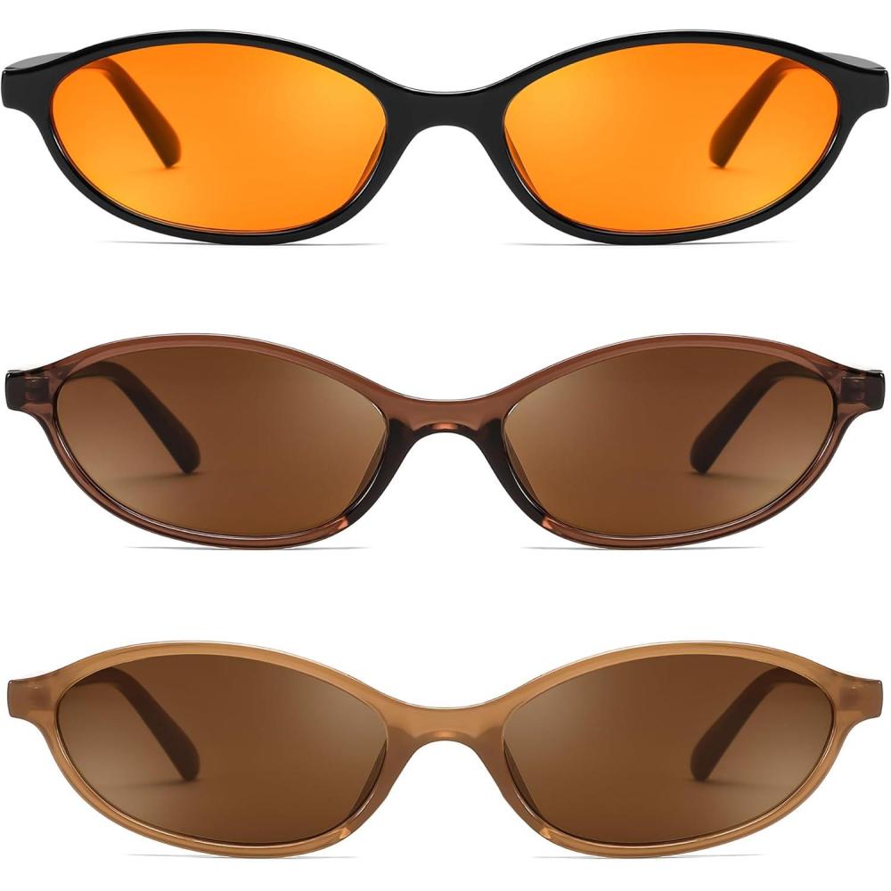 imageFEISEDY Retro Oval Cat Eye Sunglasses for Women 90s Narrow Lightweight Shades Y2k Trendy Sunnies B02573 Pack Orangebrowntea