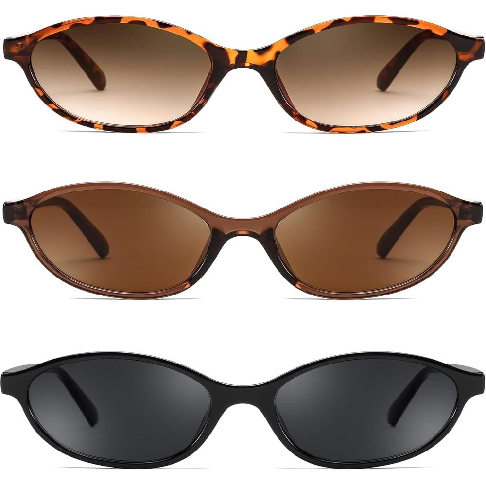 imageFEISEDY Retro Oval Cat Eye Sunglasses for Women 90s Narrow Lightweight Shades Y2k Trendy Sunnies B02573 Pack Tortoisebrownblack