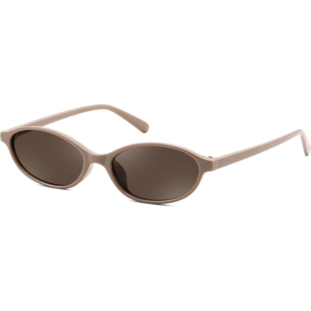 imageFEISEDY Retro Oval Cat Eye Sunglasses for Women 90s Narrow Lightweight Shades Y2k Trendy Sunnies B0257KhakiBrown