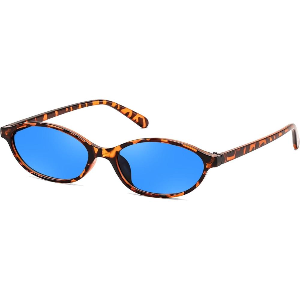 imageFEISEDY Retro Oval Cat Eye Sunglasses for Women 90s Narrow Lightweight Shades Y2k Trendy Sunnies B0257TortoiseBlue