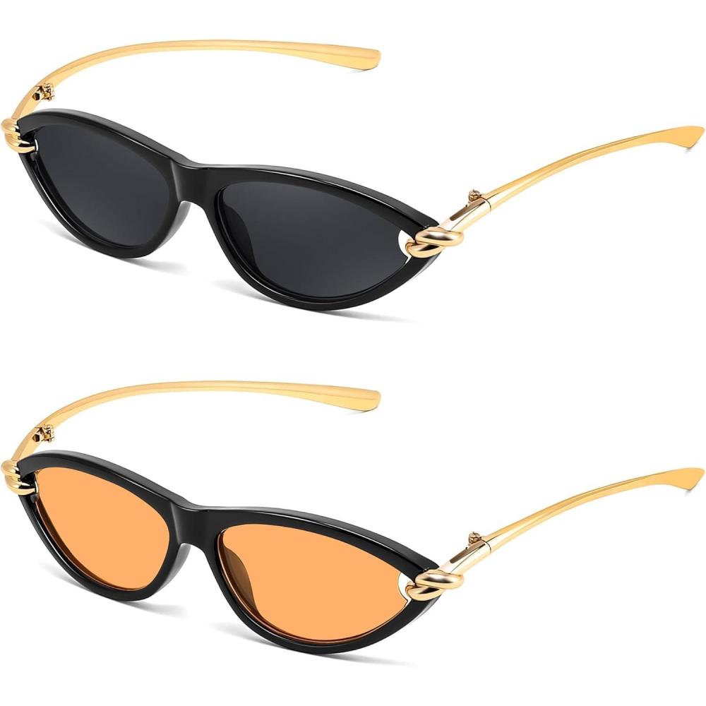 imageFEISEDY Retro Oval Cat Eye Sunglasses for Women Y2k Small Cateye Sun Glasses Womens Mens Trendy 90s Shades B41862 Pack Black BlackOrange