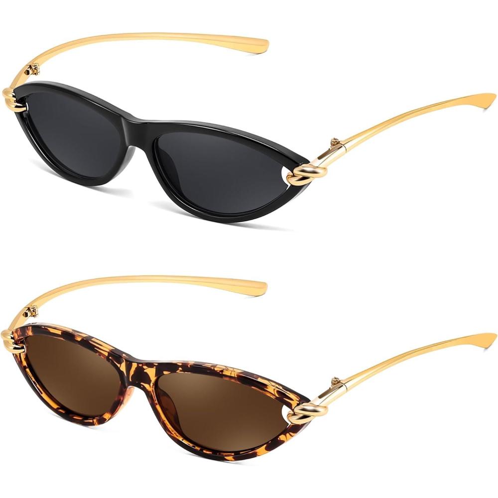 imageFEISEDY Retro Oval Cat Eye Sunglasses for Women Y2k Small Cateye Sun Glasses Womens Mens Trendy 90s Shades B41862 Pack Black Tortoise