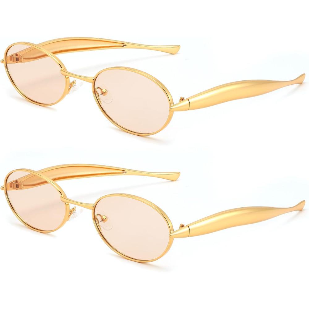 imageFEISEDY Retro Oval Sunglasses Women Men Gold Metal Chunky Frame UV400 for Driving ampamp Daily Wear B03122packgoldChampagnegoldChampagne
