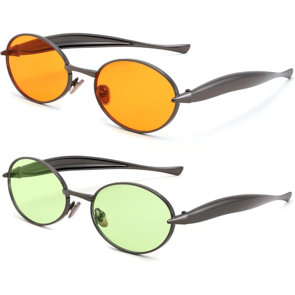 imageFEISEDY Retro Oval Sunglasses Women Men Gold Metal Chunky Frame UV400 for Driving ampamp Daily Wear B03122packgunOrangegunGreen