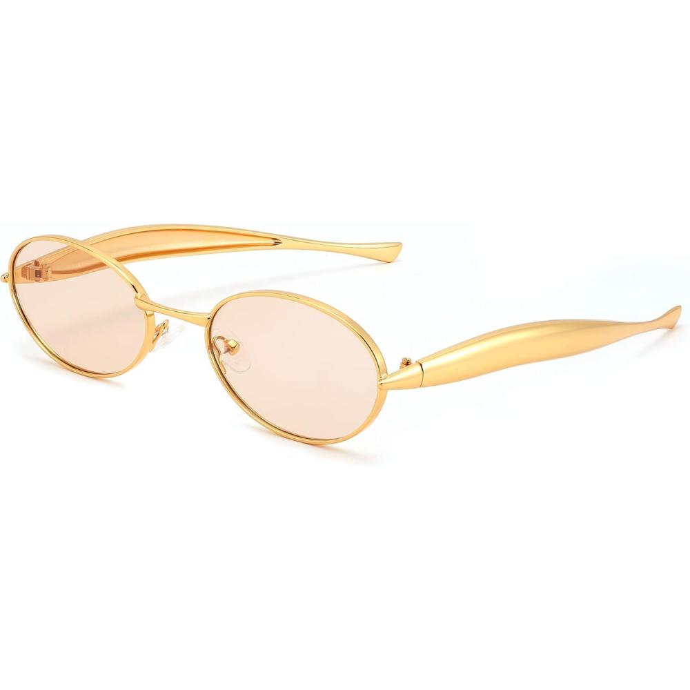 imageFEISEDY Retro Oval Sunglasses Women Men Gold Metal Chunky Frame UV400 for Driving ampamp Daily Wear B0312GoldChampagne